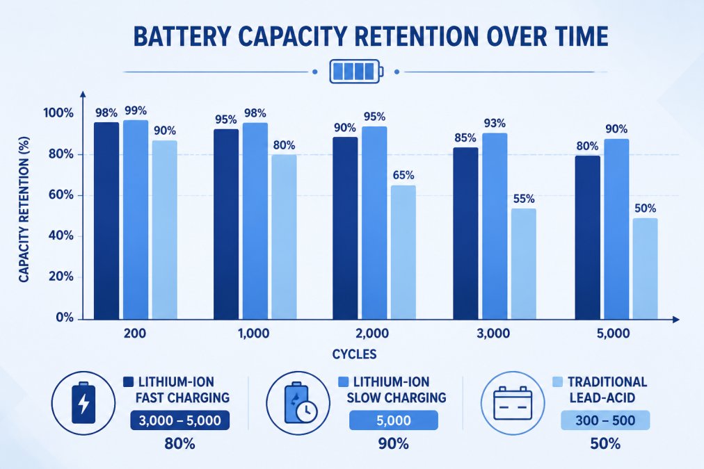 Bar chart comparing battery capacity retention over time: lithium-ion with fast charging (3,000-5,000 cycles maintaining 80% capacity), lithium-ion with slow charging (5,000 cycles maintaining 90% capacity), traditional lead-acid (300-500 cycles degrading to 50% capacity)