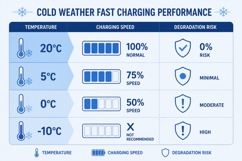 Comparison matrix showing Cold Weather Fast Charging: Temperature 20°C (normal charging speed, 0% degradation risk), Temperature 5°C (75% charging speed, minimal degradation), Temperature 0°C (50% charging speed, moderate degradation risk), Temperature -10°C (charging not recommended, high degradation risk)