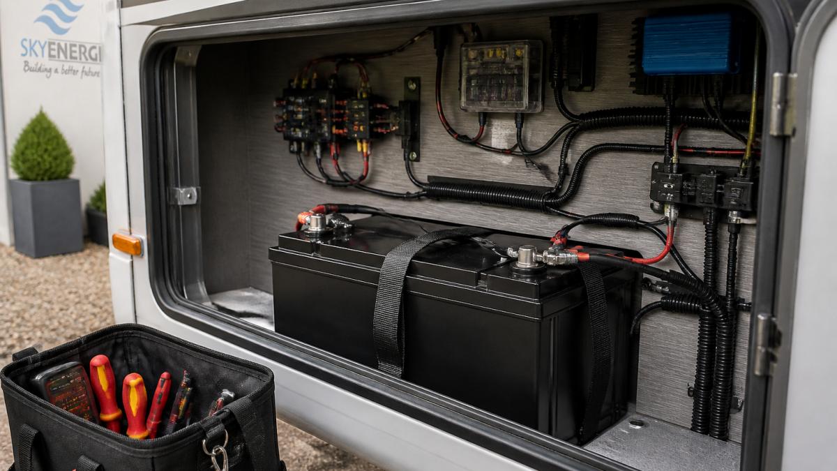 Lithium leisure battery with monitoring displays and cables in a motorhome equipment bay under natural daylight
