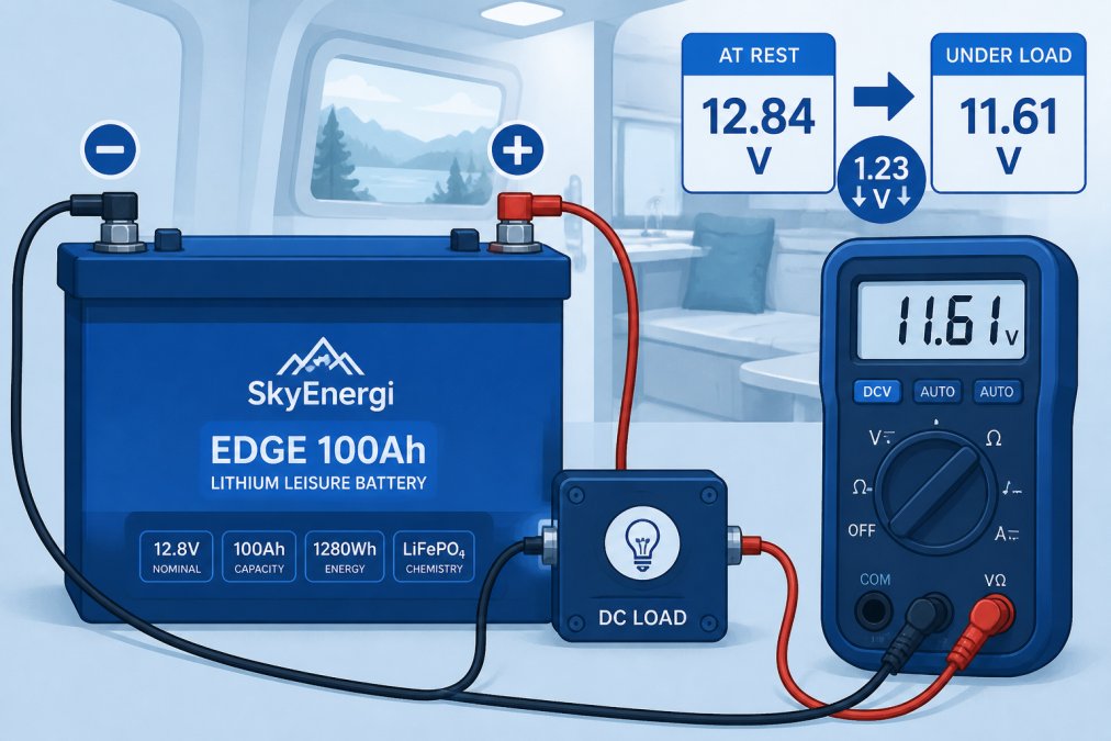 Close-up of a lithium battery connected to a DC load with a multimeter displaying voltage readings during power draw, showing real-world voltage drop with a campervan interior background