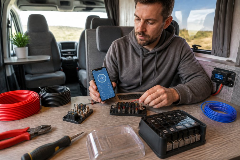 Campervan interior with Victron SmartShunt battery monitor mounted on a panel, displaying voltage and current data on a smartphone screen with natural daylight from windows