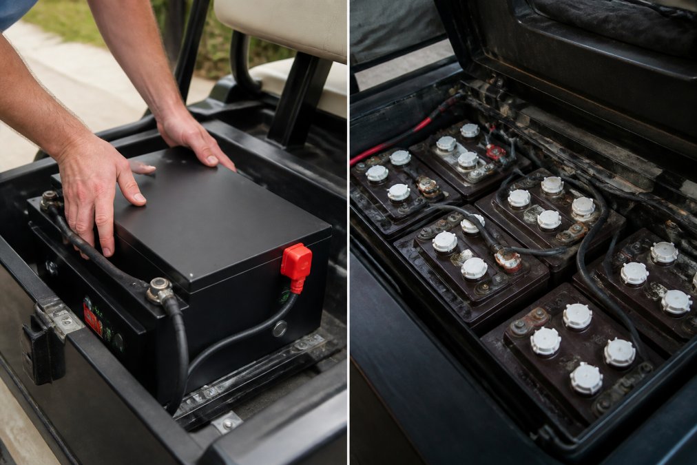 Mechanic installing a drop-in lithium battery vs lead acid golf cart upgrade kit in a battery compartment.