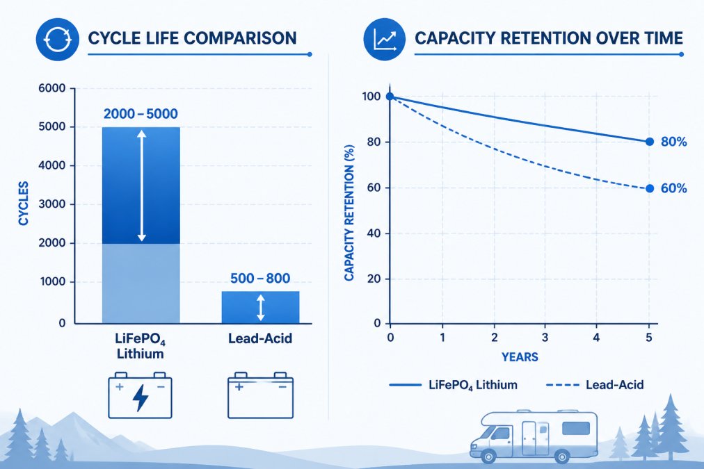 Bar chart comparing cycle life: LiFePO₄ lithium 2000-5000 cycles vs. lead-acid 500-800 cycles; line graph showing capacity retention over time (lithium 80% after 5 years vs. lead-acid 60%)