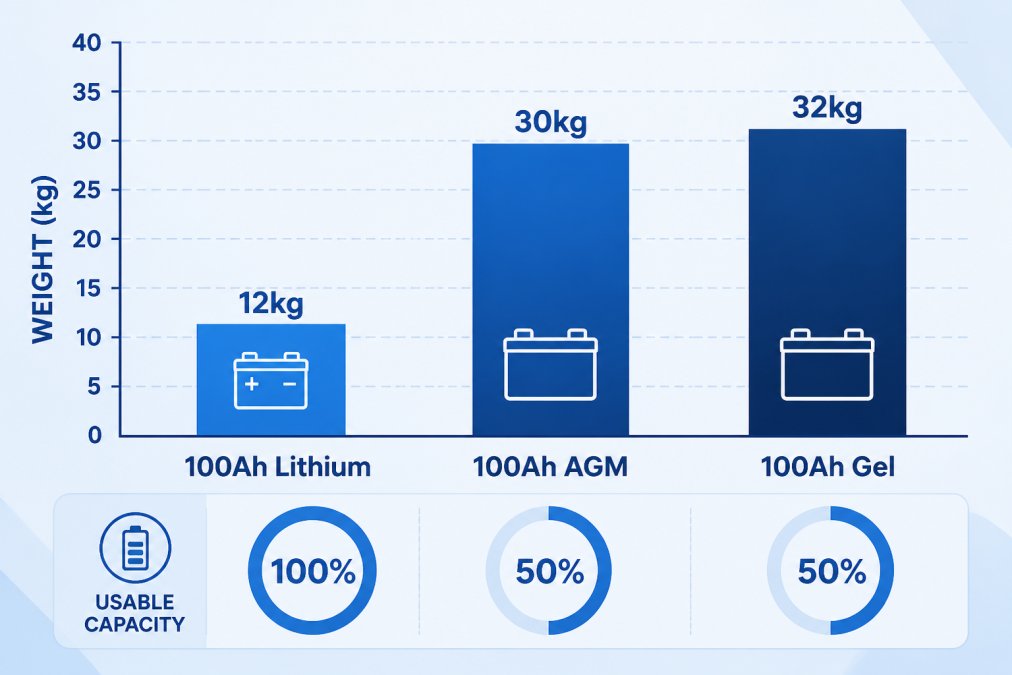 Bar chart comparing weight in kilograms: 100Ah Lithium (12kg) vs 100Ah AGM (30kg) vs 100Ah Gel (32kg), with usable capacity percentages (100%, 50%, 50%) displayed for each type