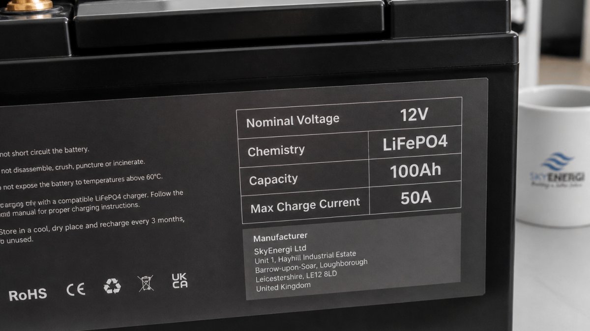 Close-up of a lithium battery label showing nominal voltage (12V), chemistry type (LiFePO4), capacity (100Ah), maximum charge current (50A), and manufacturer details on a Skyenergi Edge battery