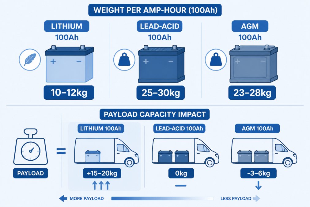 Comparison diagram showing weight per amp-hour: lithium 100Ah = 10-12kg, lead-acid 100Ah = 25-30kg, AGM 100Ah = 23-28kg, with payload capacity impact illustration