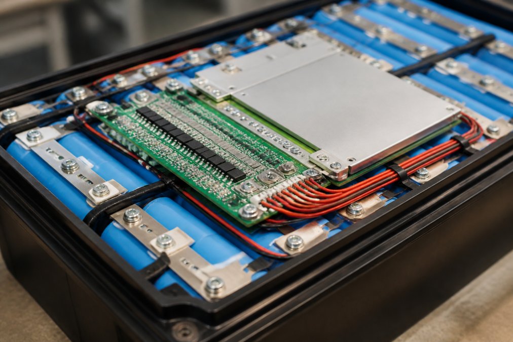 Close-up of a lithium-ion battery pack showing visible protection circuit board with metal terminals, BMS module, and internal wiring against a clean technical background