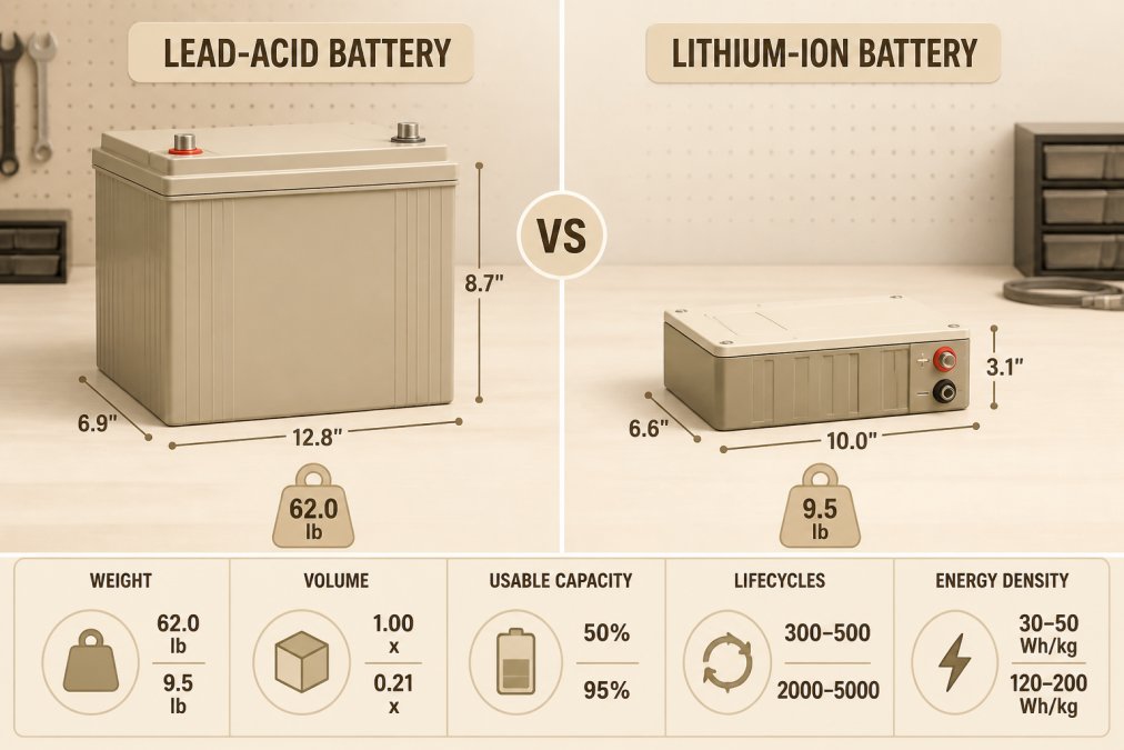 Side-by-side photograph of a traditional lead-acid battery next to a modern lithium-ion battery pack on a workbench, highlighting the dramatic difference in size and weight, with both batteries showing their terminals clearly