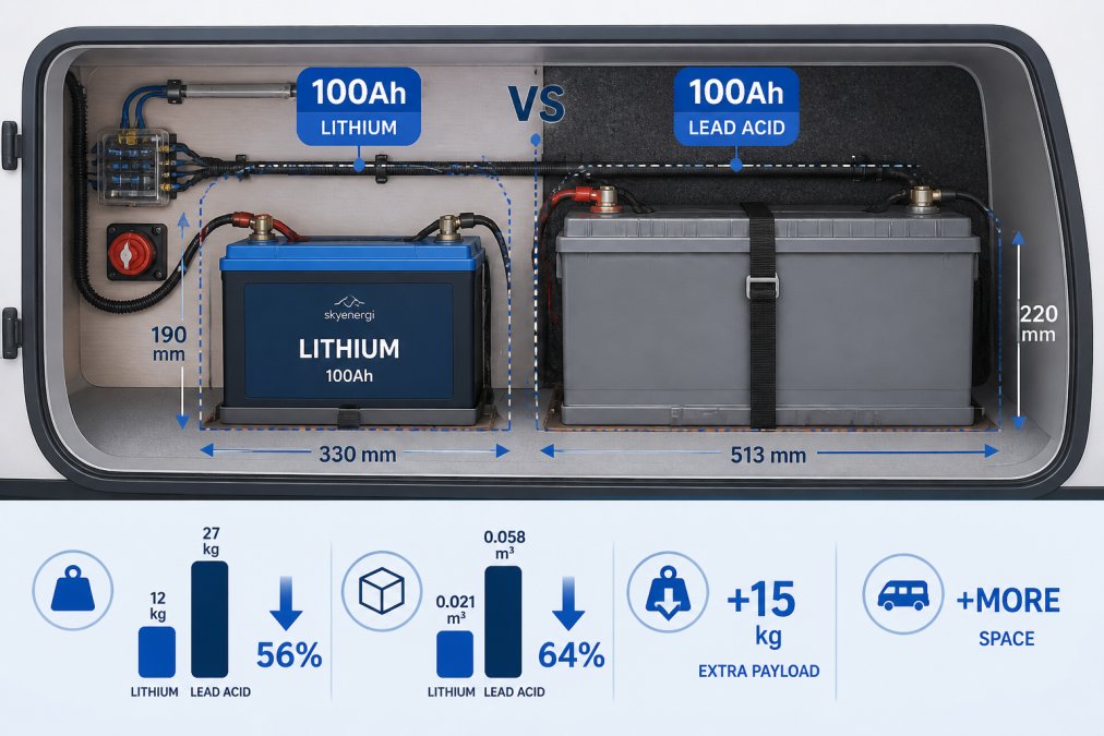 Compact lithium battery installed in tight campervan storage compartment next to larger lead-acid battery showing dramatic size difference, professional installation setting with tools visible