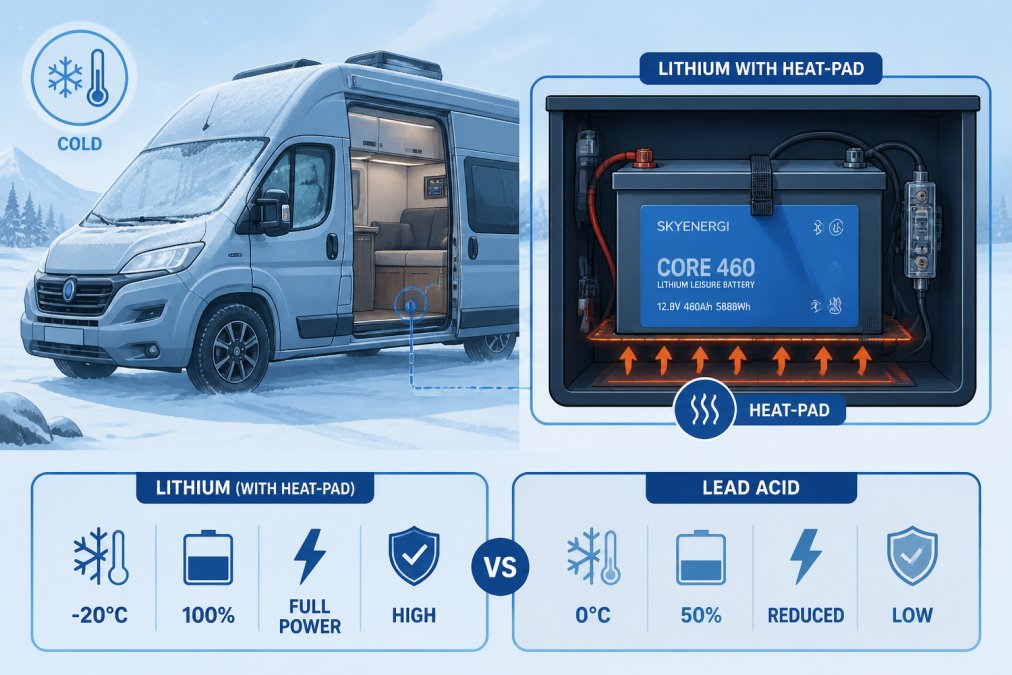 Modern campervan parked in snowy winter landscape with frost on windows, showing interior installation of lithium battery with heat-pad technology mounted in compact battery box