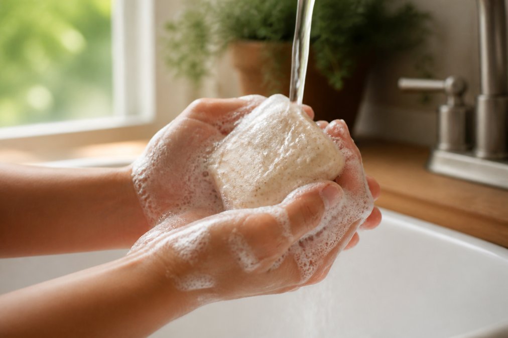 Close-up of hands holding a handmade soap bar under warm running water with rich lather forming, showing texture and quality in use with natural lighting