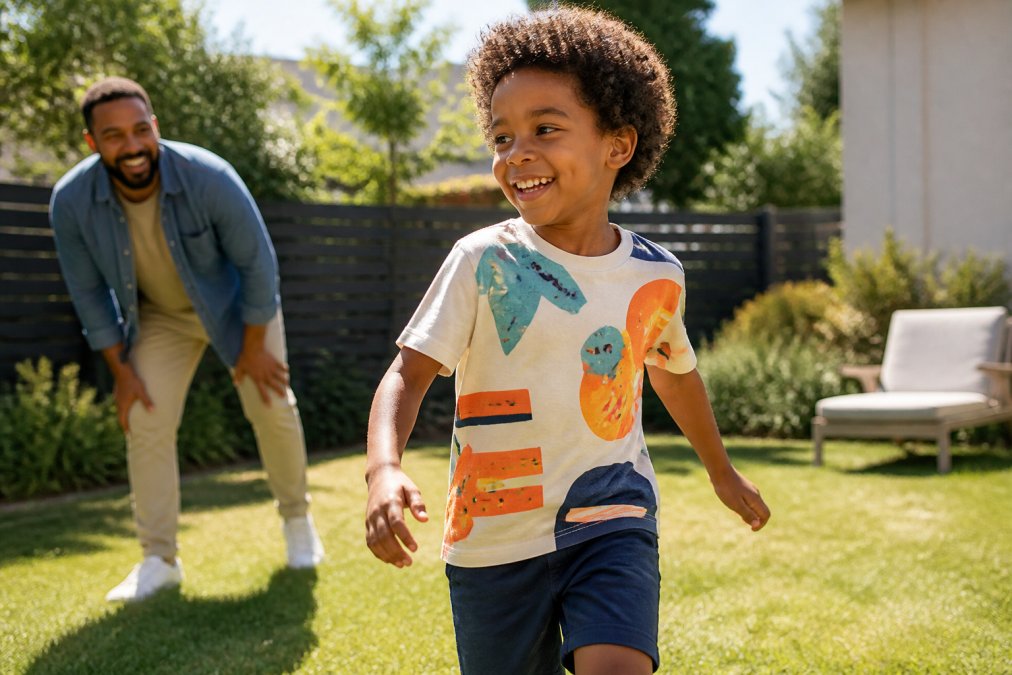 Smiling child in a colorful graphic tee playing in a sunny backyard wearing stylish kids clothes