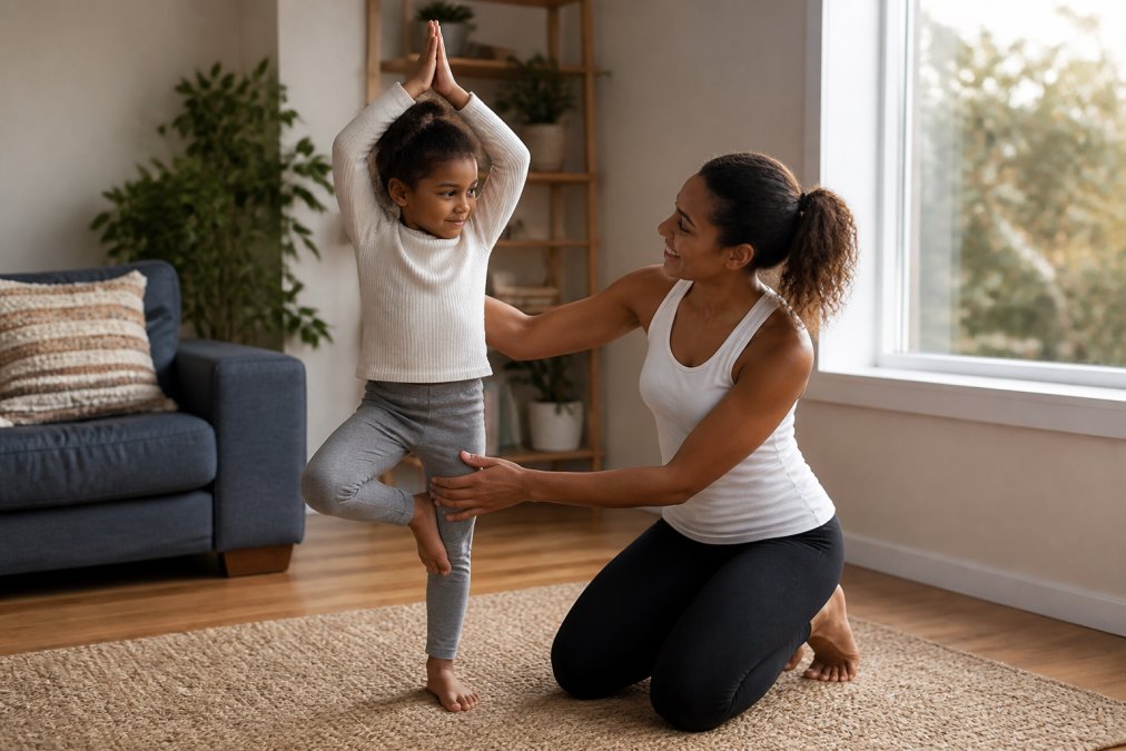 A child balancing in tree pose on a living room rug while a parent kneels beside them, guiding the stretch with a gentle smile, warm afternoon light through the window