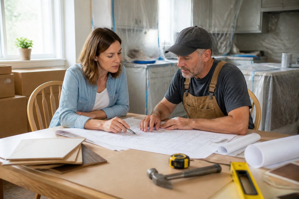 A homeowner and contractor reviewing renovation plans together at a kitchen table, with plastic sheeting and moving boxes visible in the background, natural morning light coming through a window