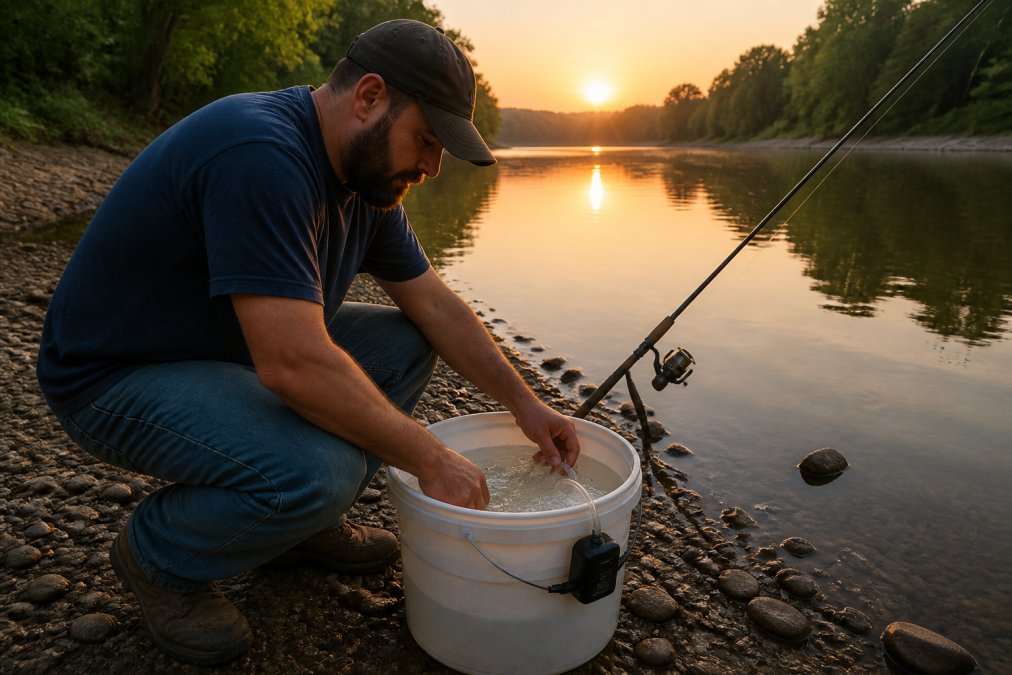Angler checking a bait bucket with an aerator on the bank of a calm river at sunrise, fishing rod nearby
