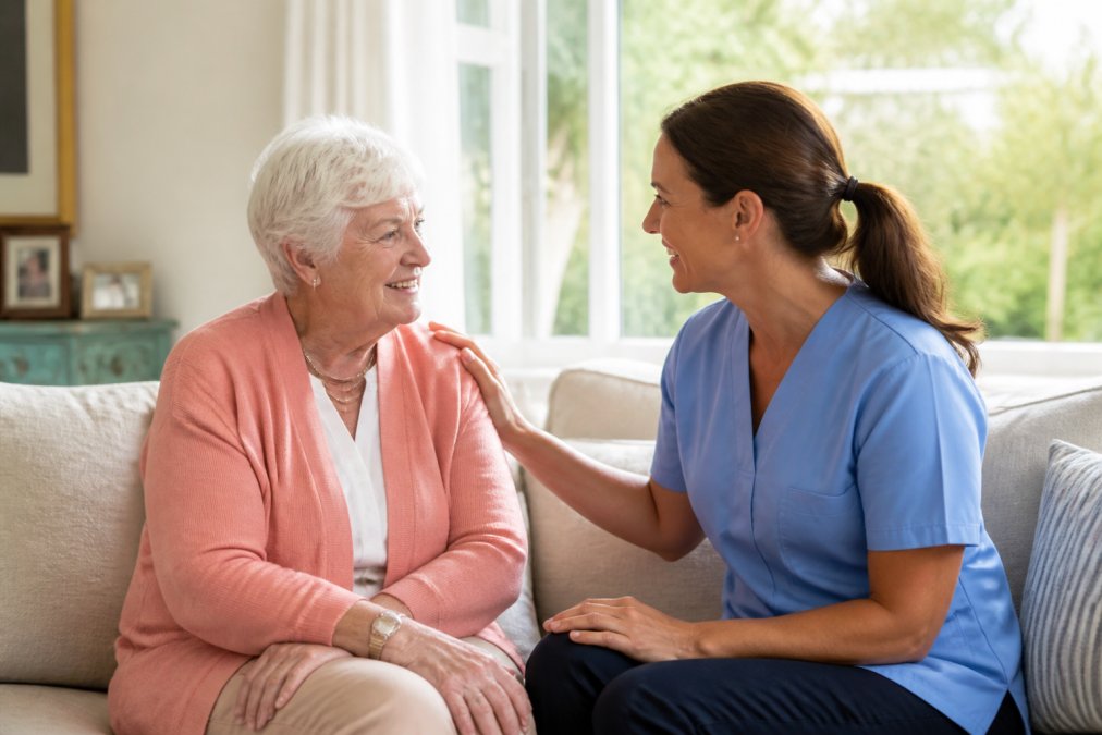 A compassionate caregiver sitting with an elderly woman in a bright living room, sharing a warm conversation, with natural light coming through the window