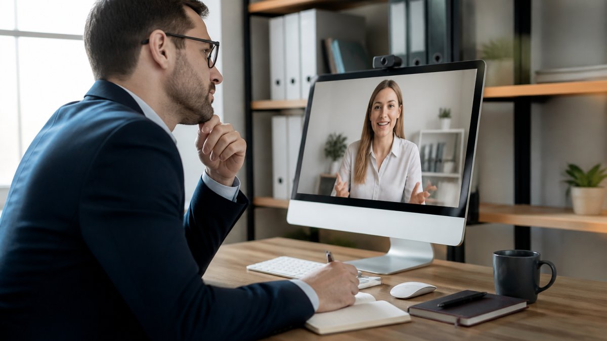 Account manager reviewing a live project status dashboard on a desktop monitor while on a video call with a client, both engaged and collaborative