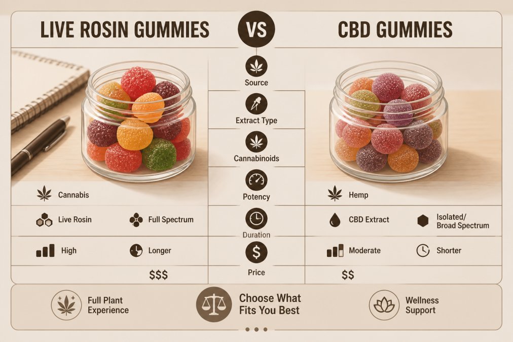 Close-up of two small glass jars side by side on a light wooden table, one filled with colorful fruit-shaped gummies and the other with round gummies, a notebook and pen resting in the background