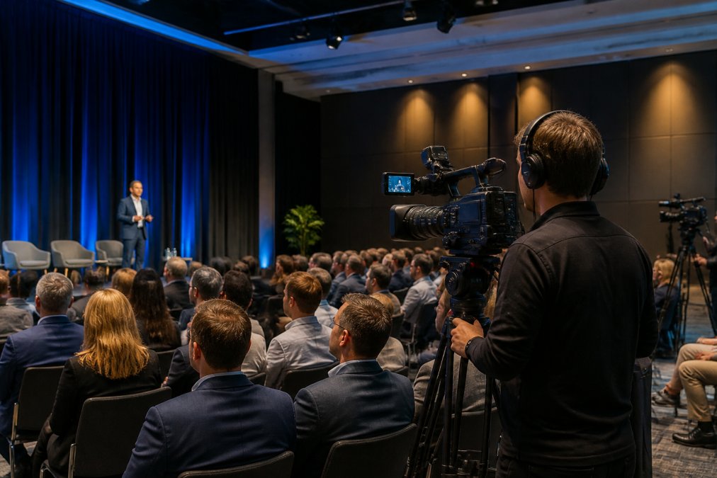 Professional presenter on stage at corporate conference with camera operators and audience members in modern auditorium with professional lighting and screens