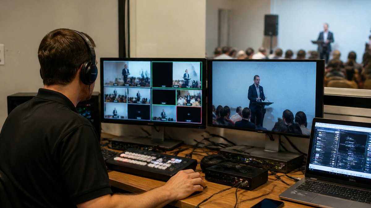 Professional technical director monitoring a live corporate broadcast from a control room with multiple screens displaying live video feeds, analytics dashboards, and audience engagement metrics in real time