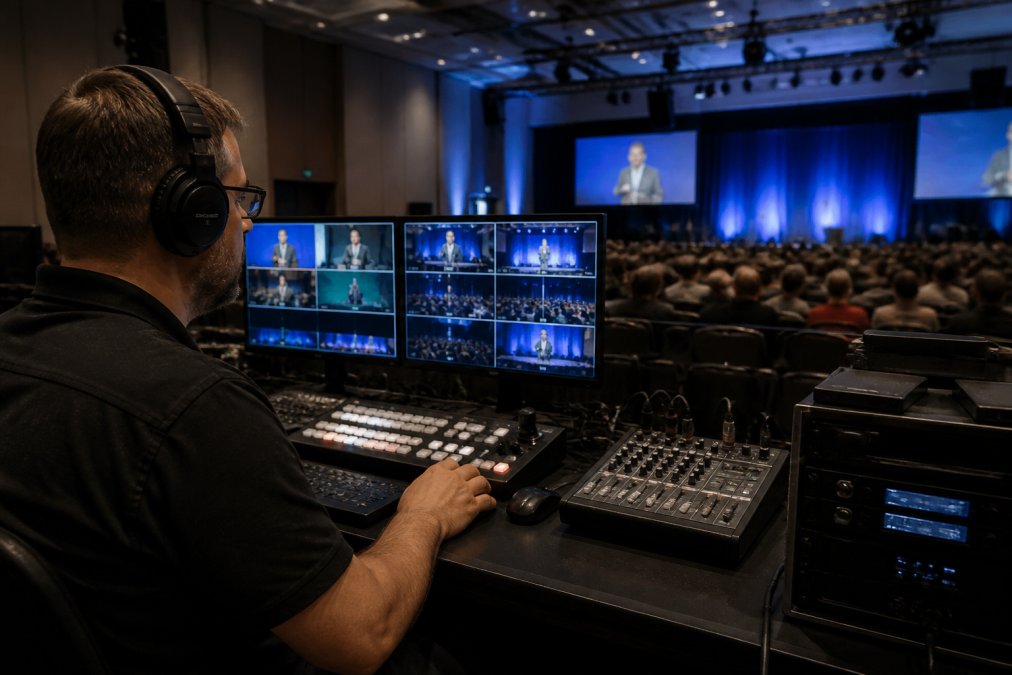 A broadcast engineer at a control desk checking upload speed and encoder settings on multiple monitors before a large corporate webcast begins