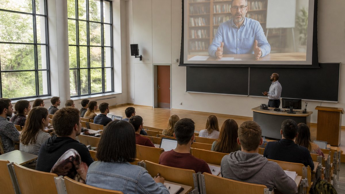 Students in a lecture hall watching a live stream on a large projection screen whilst an instructor teaches from another campus location, natural daylight through windows