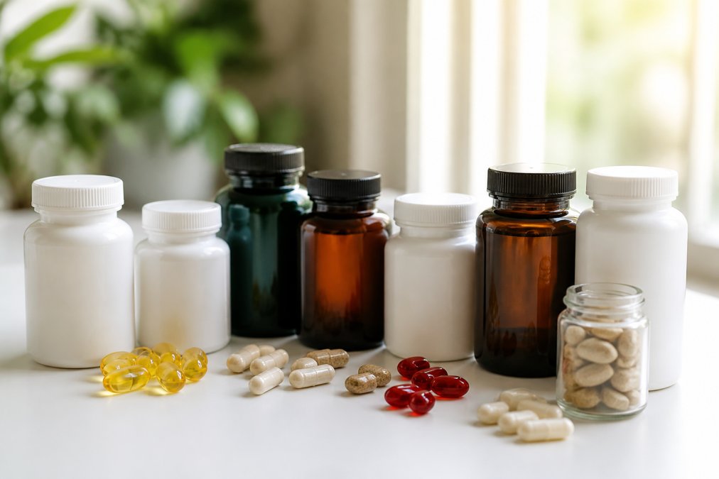 Close-up of various supplement bottles and capsules arranged on a clean white surface with natural morning light, showing different colors and forms of vitamins