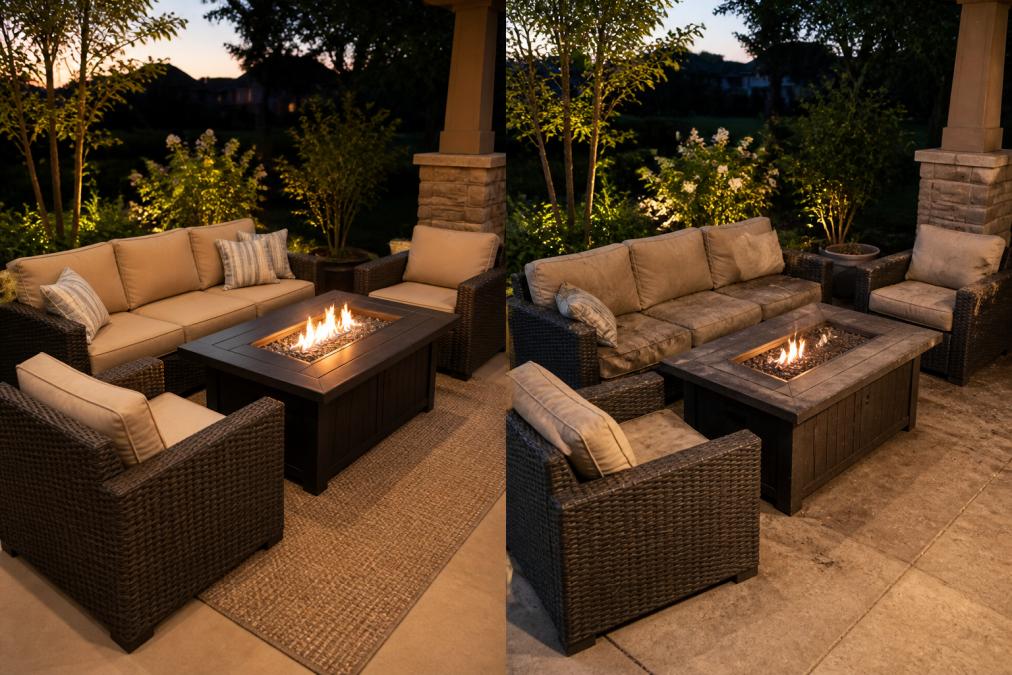 A modern backyard patio at dusk featuring a brown wicker conversation set with beige cushions arranged around a glowing fire pit table, lush greenery framing the scene