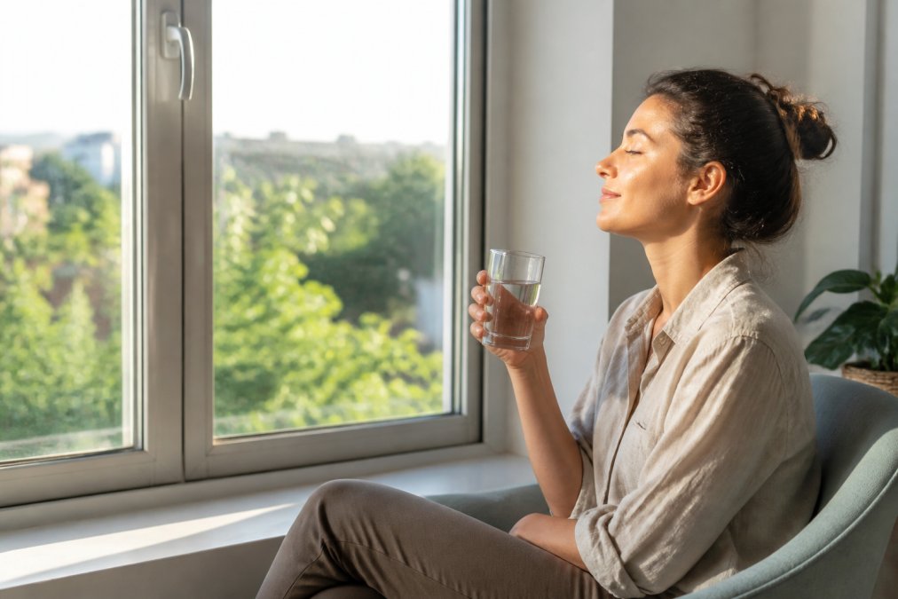 Person sitting peacefully by a window with natural sunlight, holding a glass of water, appearing mentally clear and relaxed with a calm expression