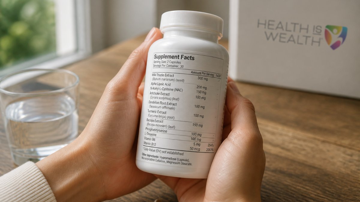 Close-up of hands examining a supplement label listing ingredients and dosage details on a wooden surface.