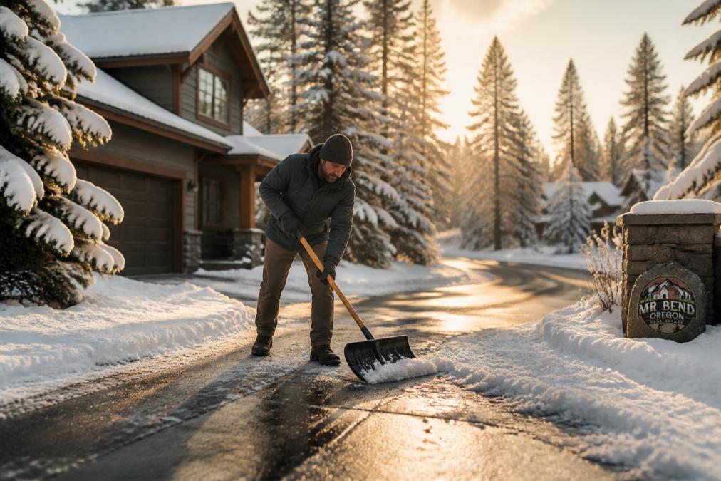 A person in a warm winter coat clearing snow from a driveway with a snow shovel, snow-covered pine trees in the background, soft morning light on a residential street