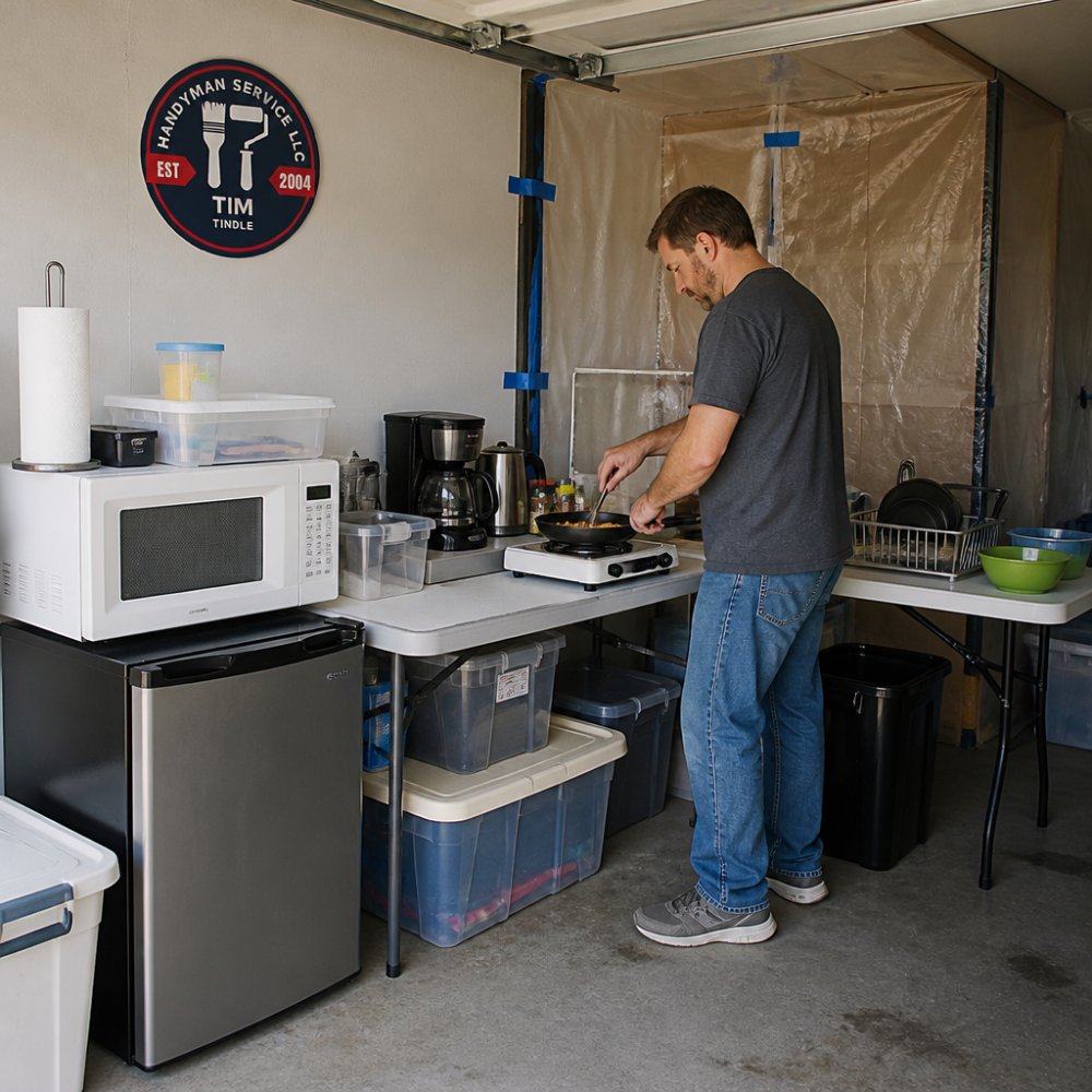 Homeowner preparing a meal in a garage temporary kitchen while living in your home during a remodel.