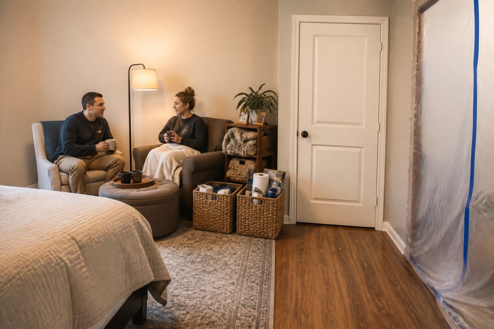 Family's makeshift living room set up in a bedroom corner with comfortable seating arrangement, portable floor lamp providing warm lighting, organized storage baskets containing supplies, and a closed door creating a barrier from construction noise