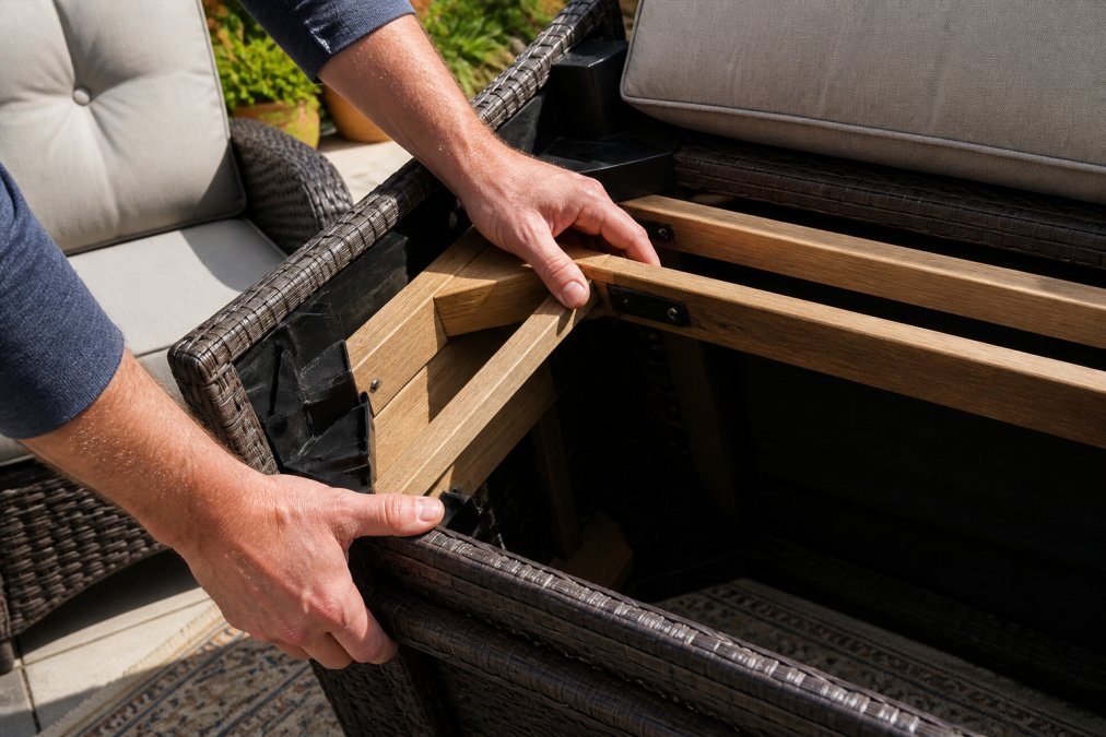 Close-up of hands examining wooden frame joints and corner blocking details of an outdoor sectional, showing quality construction techniques with natural sunlight highlighting the craftsmanship