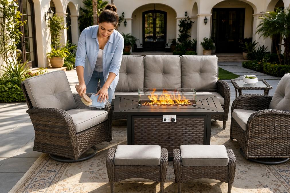Homeowner gently cleaning outdoor cushions with soft brush and cloth on sunny patio, demonstrating proper maintenance technique with natural daylight illuminating the cleaning process