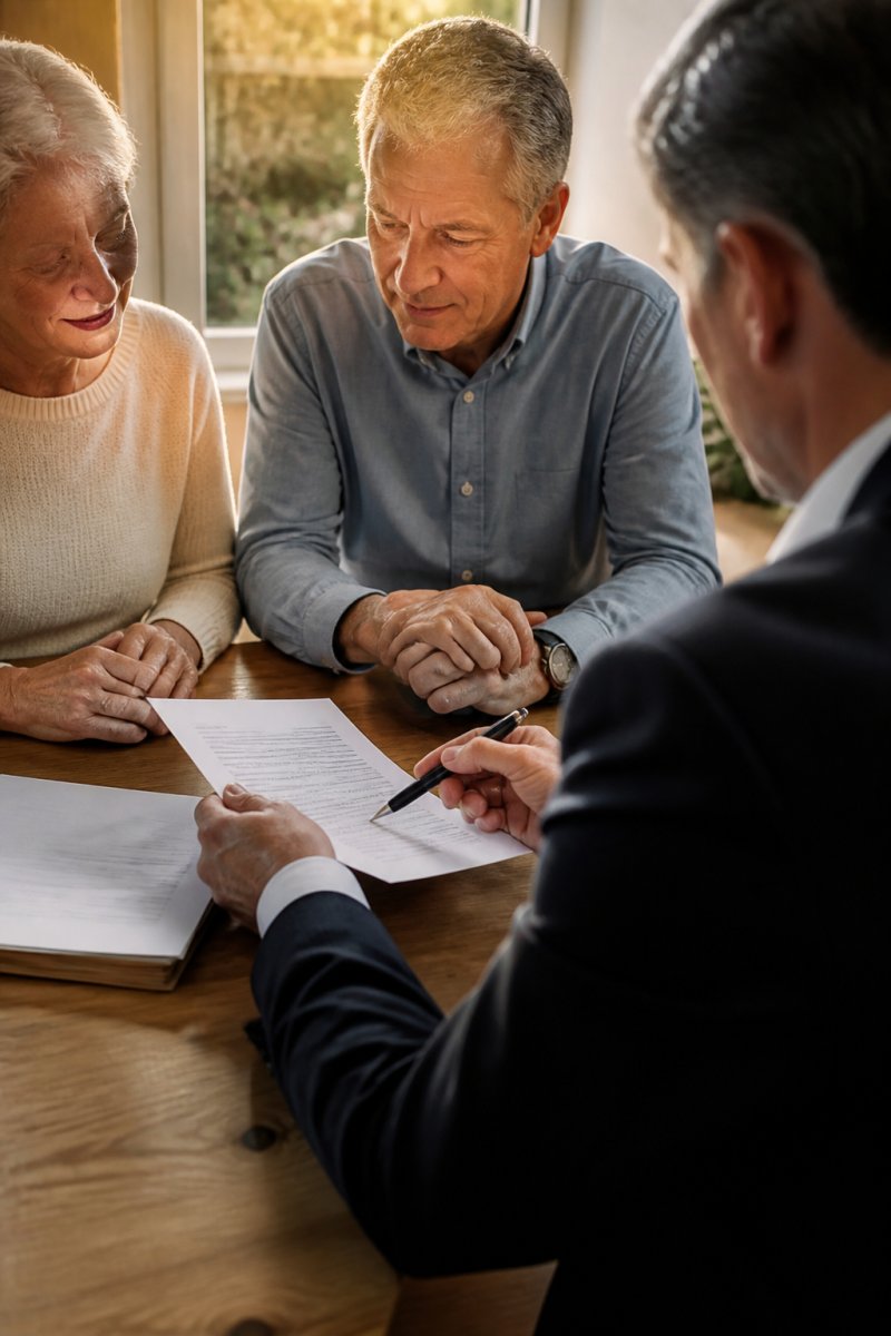 A middle-aged couple sitting at a wooden dining table reviewing legal documents with a professional advisor, warm natural light from a window, papers and a pen on the table