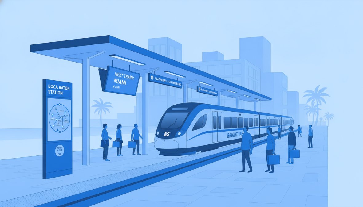 Living Without a Car in Boca Raton: A Practical Guide 1 Modern Brightline commuter train platform with passengers waiting, clear digital signage, and contemporary South Florida station architecture in natural daylight