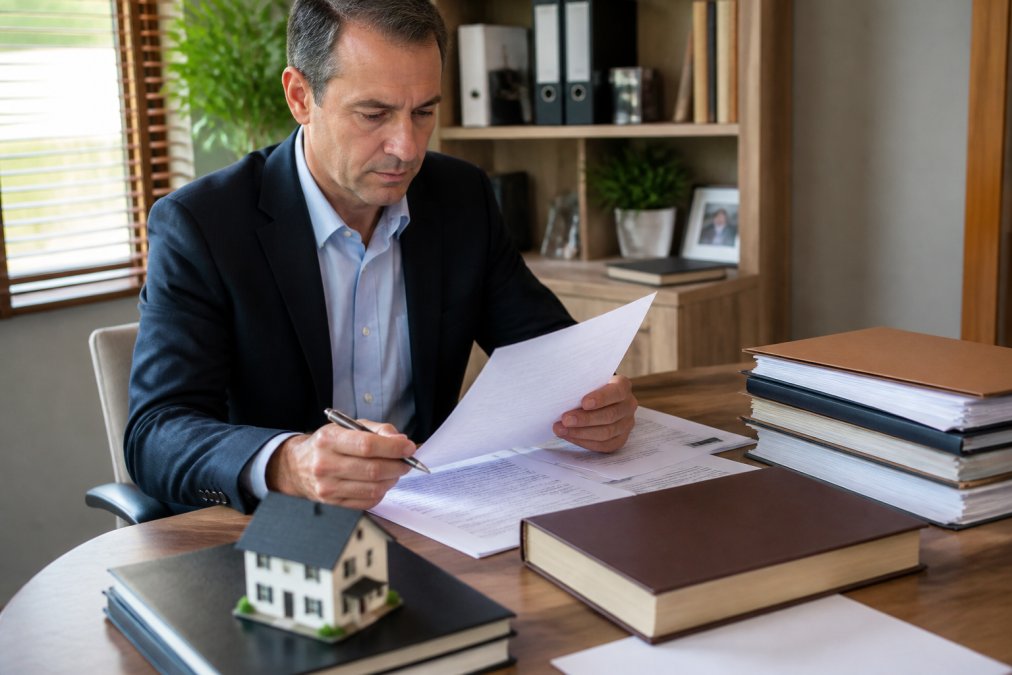 Professional real estate investor reviewing LLC formation documents and property deeds at a desk with laptop and organized files in a bright office setting