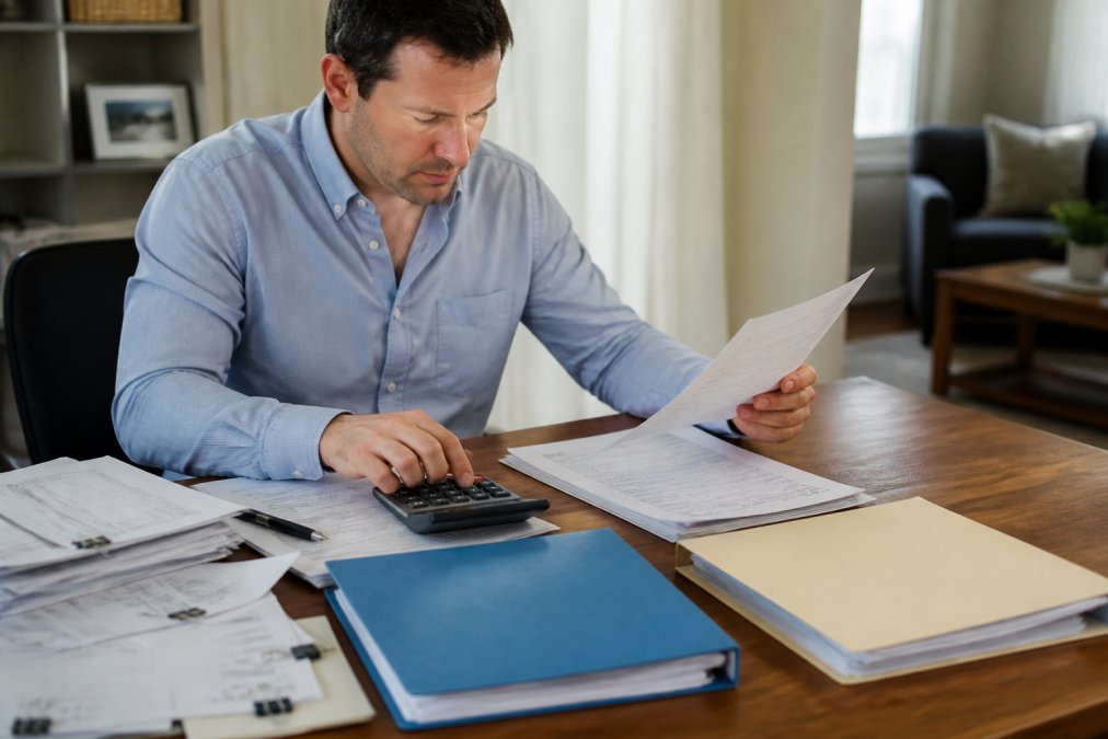 Real estate investor reviewing organized financial records and bank statements at a desk with separate folders for business and personal finances, calculator, and laptop