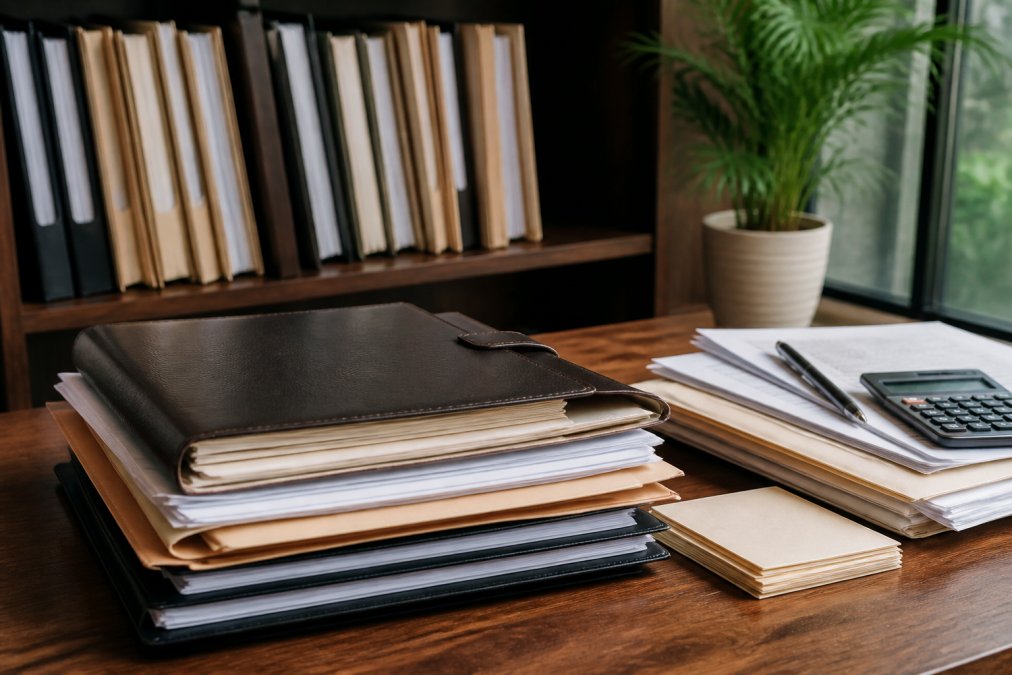 Professional organizing and filing LLC documents in a filing system with labeled folders for annual reports, tax records, and compliance deadlines on a organized desktop