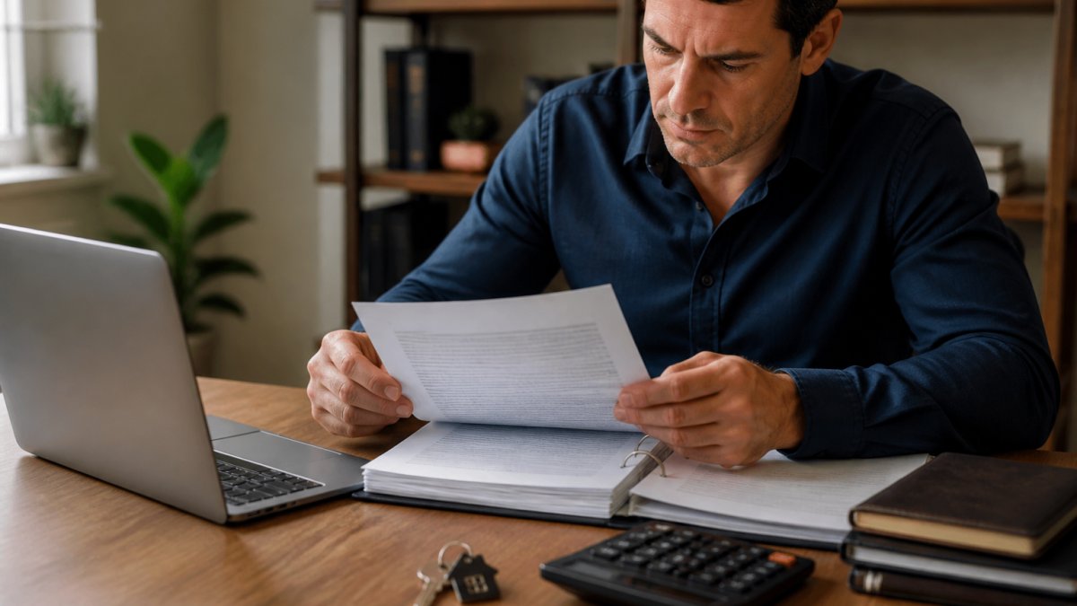 A real estate investor reviewing a printed operating agreement at a wooden desk with a laptop, calculator, and house keys nearby