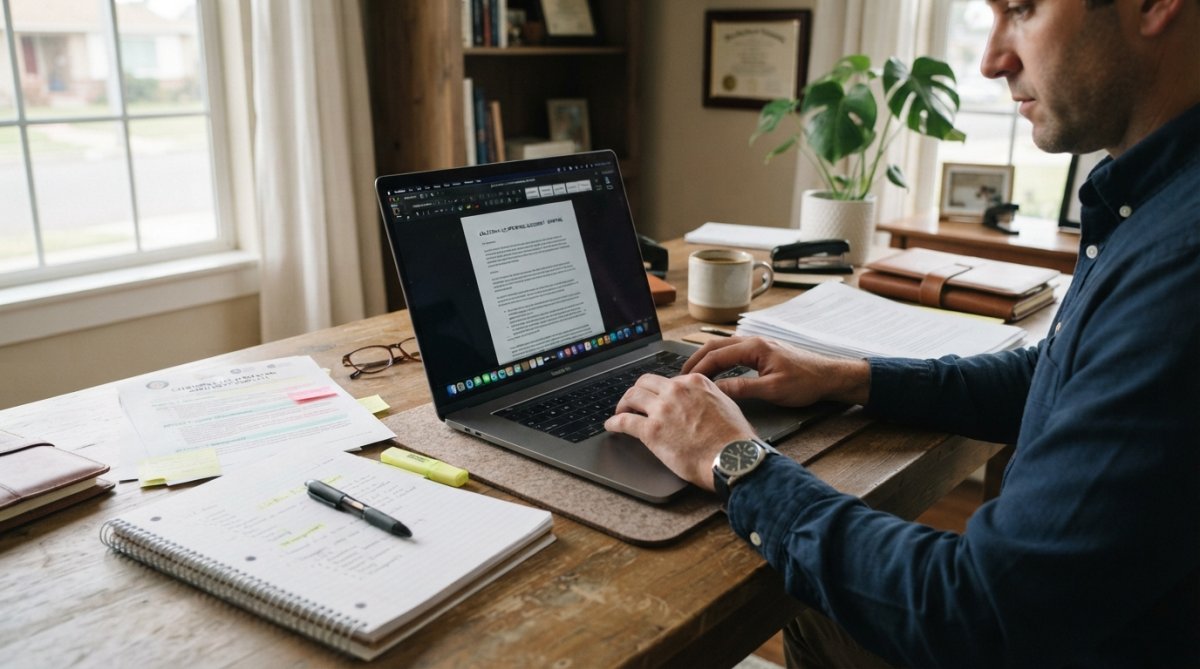 Business owner reviewing an LLC operating agreement document at a desk with laptop, coffee cup, and notepad visible, focused on drafting paperwork in natural office lighting