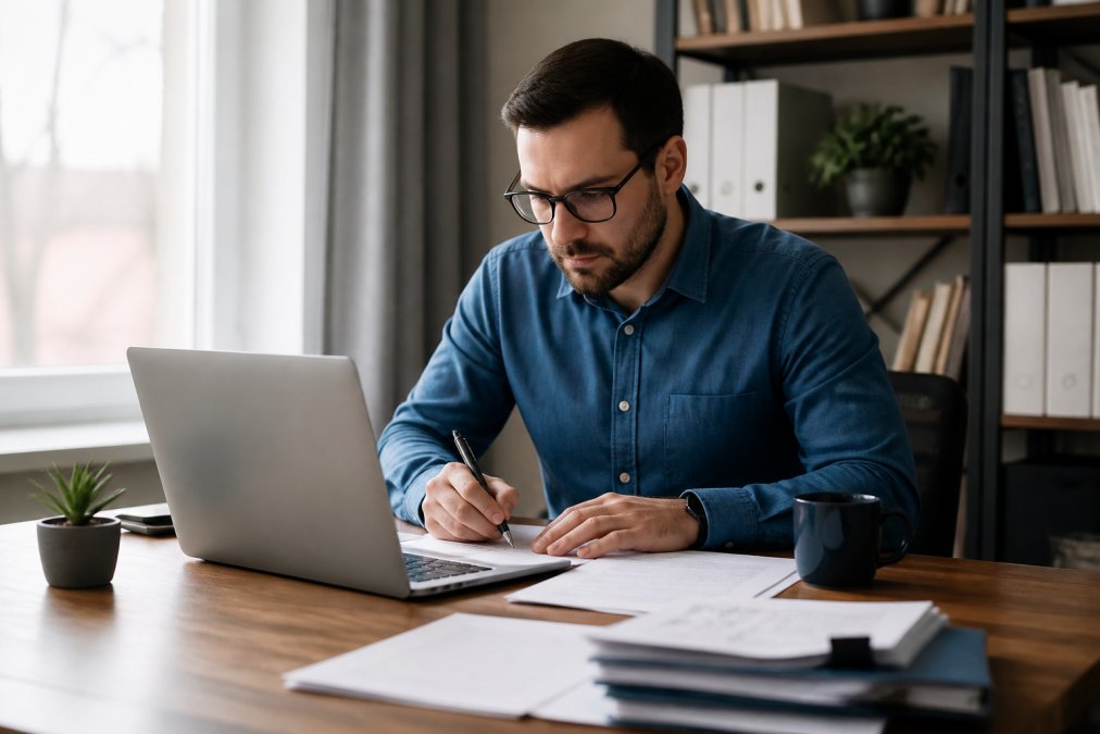 Unternehmer sitzt konzentriert am Laptop mit Dokumenten und Kaffee auf dem Schreibtisch, arbeitet an der Online-Gründung einer US-LLC