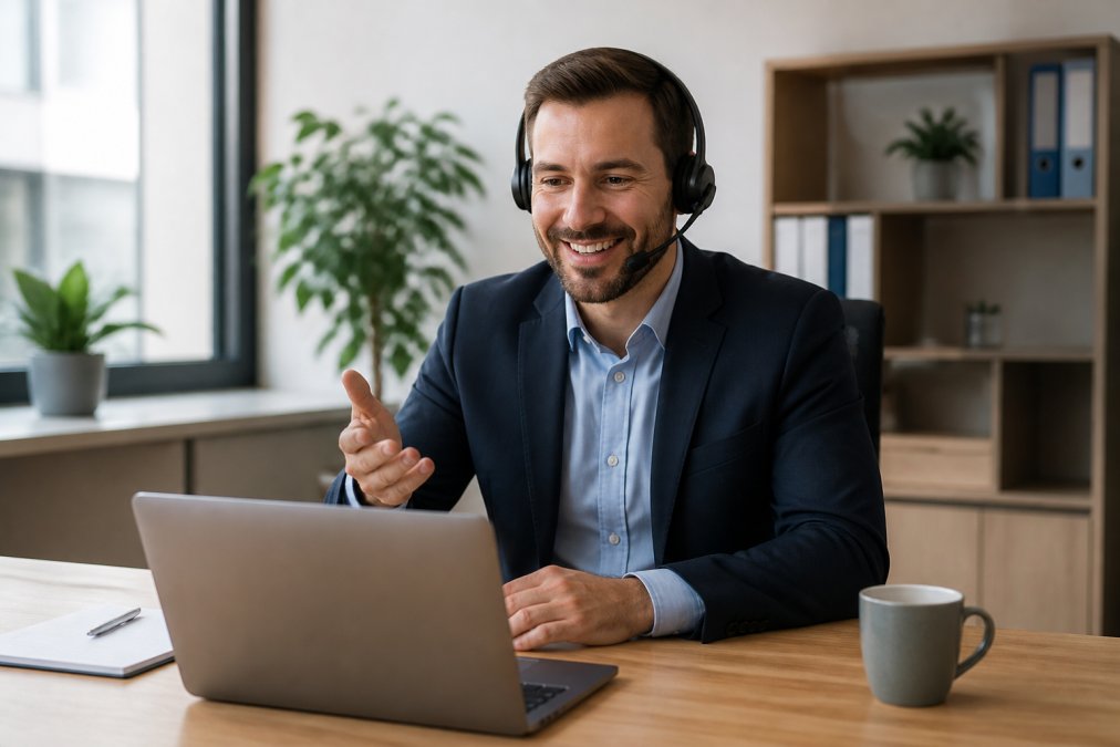 Geschäftsperson führt ein Videokonferenz-Gespräch auf dem Laptop mit freundlichem, professionellem Ausdruck, Büro im Hintergrund