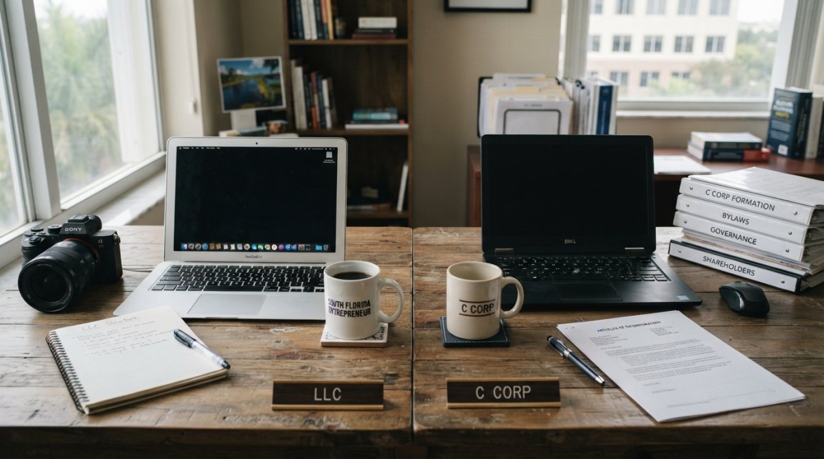 Side-by-side comparison of business and owner and reviewing concepts for LLC vs C Corp