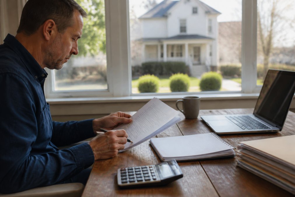A real estate investor reviewing property documents at a wooden desk with a laptop and calculator, natural daylight from a window showing a house in the background