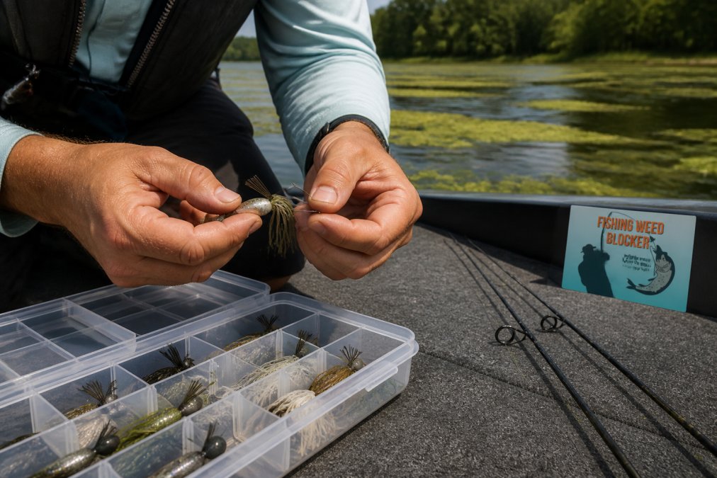 Angler attaching weed blockers to a fishing lure on a boat deck with a weedy lake in the background