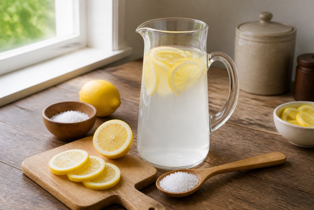 A glass pitcher of homemade electrolyte drink with sea salt, lemon slices, and a wooden spoon on a rustic kitchen counter, natural light