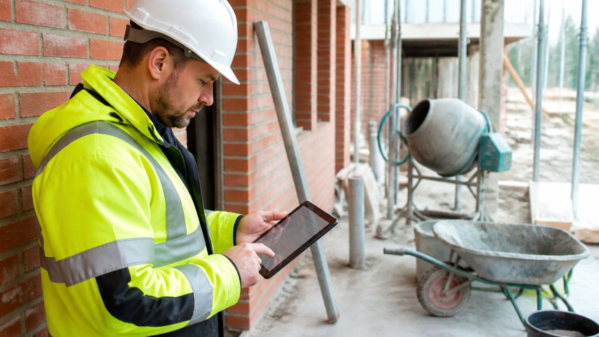 Bouwvakker op werflocatie die op een tablet een digitaal LMRA-formulier invult, met veiligheidsmateriaal en werkgereedschap zichtbaar op de achtergrond