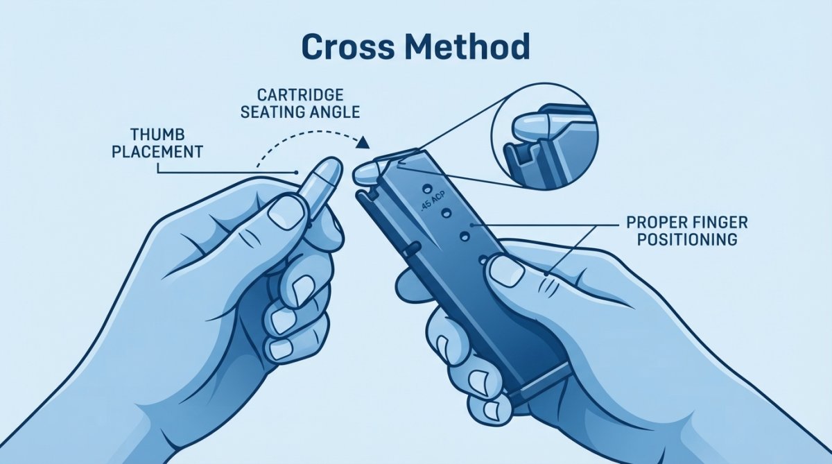 Close-up of hands demonstrating the cross method grip on a .45 ACP magazine, showing thumb placement and cartridge seating angle with proper finger positioning visible